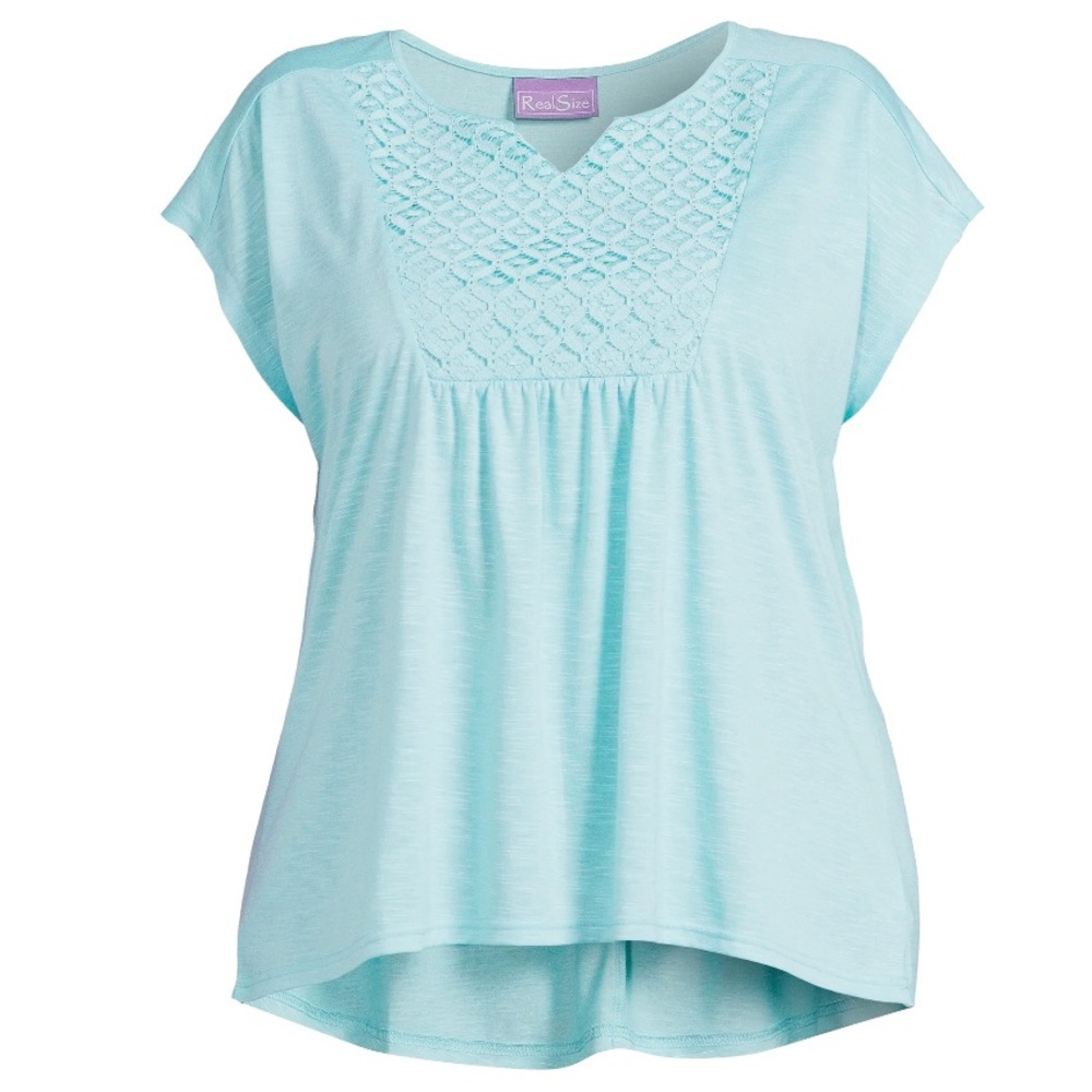 REAL SIZE Womens Semi Loose Top Size 2X Turquoise Crocheted Neckline NWOT